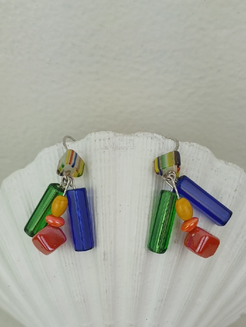 Vibrant Primary Color Glass Bead Drop Earrings Green, Blue, Red, Yellow, Orange